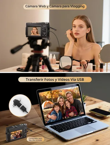 Miniatura 6 de Cámara digital 4K para fotografía, cámara de vlogging WiFi de 64MP con enfoque automático para YouTube con pantalla giratoria de 3'' 180°, cámara