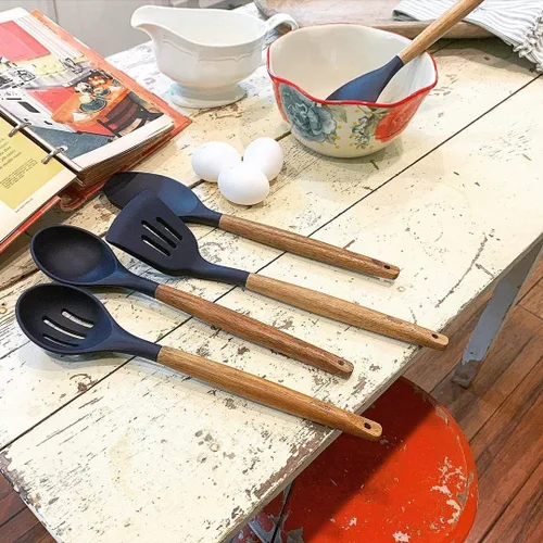 Miniatura 6 de Juego de utensilios de cocina de silicona antiadherente con mango de madera dura de acacia natural, 5 piezas, azul medianoche, sin BPA, utensilios