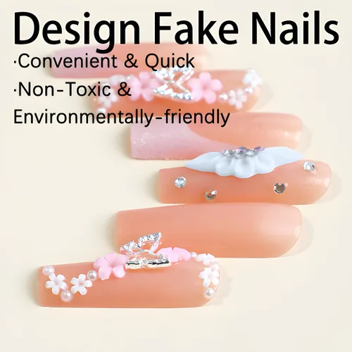 Miniatura 3 de Uñas postizas a presión de mariposa, uñas postizas largas de punta francesa con diseño de ataúd rosa, diamantes de imitación de flores, pegamento