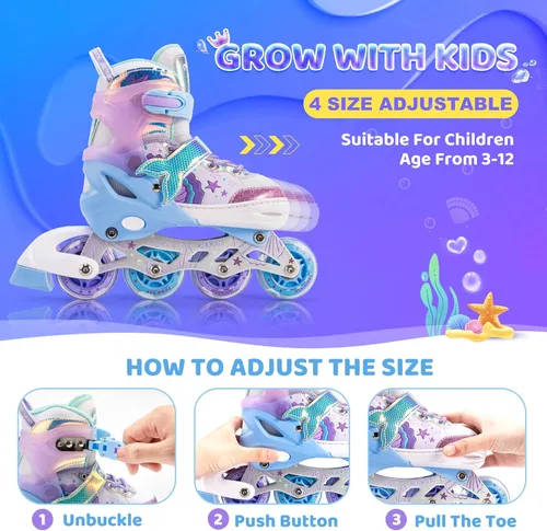 Miniatura 2 de NEMONE Patines en línea estilo sirena, patines ajustables en 4 tallas para niñas y niños con ruedas iluminadas, para principiantes, uso en A- Sirena