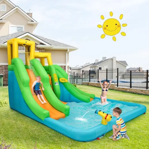 Miniatura 6 de OLAKIDS Tobogán acuático inflable, casa de rebote 6 en 1 con 2 toboganes, pared de escalada, piscina de salpicaduras, borde de baloncesto, pistola