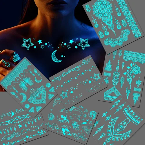 Miniatura 8 de Tatuajes temporales luminosos de mariposa para mujer, 9 hojas de collar falso de encaje sexy que brilla en la oscuridad, alas de tatuaje