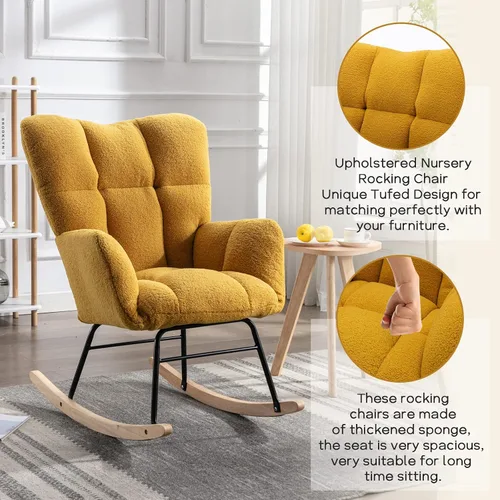 Miniatura 3 de Silla mecedora moderna para cuarto de bebé, silla deslizadora tapizada con respaldo alto, sillón de acento mecedor con patas de madera maciza