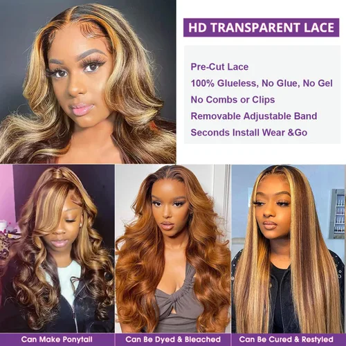 Miniatura 5 de ISEE Wear and Go Peluca sin Pegamento HD Pelucas de Encaje Frontal Pelucas de Cabello Humano Ondulado para Mujeres Negras 4/27 Rubio Miel Ombre