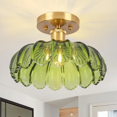 Miniatura 12 de Lámpara de techo semiempotrada, luces vintage E26, lámpara de techo verde de 11 pulgadas para armario, pasillo, cocina, comedor, paquete de 2