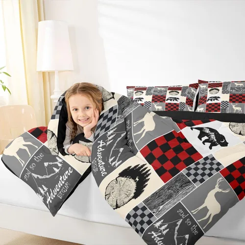 Miniatura 75 de Juego de edredón de oso y ciervo, tamaño individual, ropa de cama de animales salvajes de caza, colcha rústica de cabaña, casa de campo, cuadros