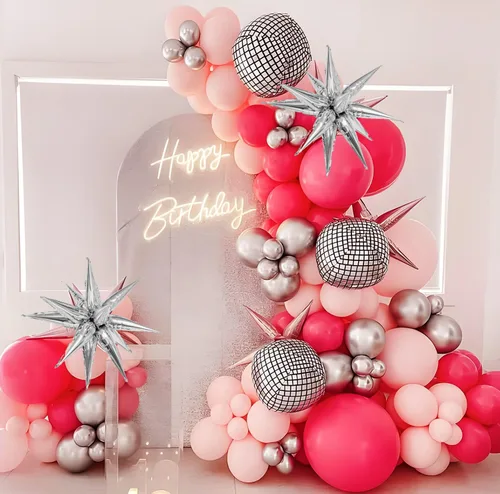 Decoraciones de fiesta de discoteca rosa, kit de arco de globos de color rosa intenso y plateado, decoraciones de fiesta rosa para fiestas de