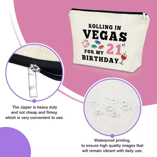 Miniatura 3 de Sazuwu Bolsa de maquillaje para regalos de cumpleaños número 21 para mujer, Rolling in Vegas para mi cumpleaños número 21