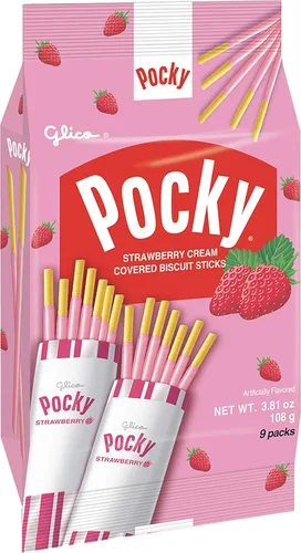 Miniatura 3 de Glico Pocky, palitos de galletas cubiertos de crema de fresa, 9 paquetes individuales, bolsa de 3.81 onzas, caja de exhibición de 5