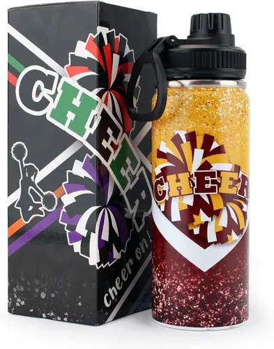 Miniatura 9 de Botella de agua Cheer de 18 onzas para niñas, botella deportiva de acero inoxidable aislada con asa, regalo de animadora a granel para regalos