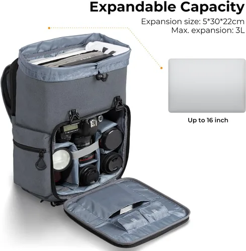 Miniatura 4 de Mochila para cámara K&F CONCEPT, con carcasa rígida, mochila para fotografía de gran capacidad con compartimento para laptop de 15.6" y soporte