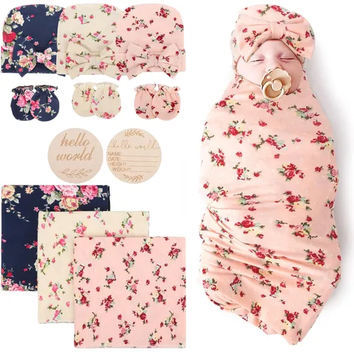 Miniatura 32 de DRESHOW BQUBO Manta de Recepción para Recién Nacido con Conjunto de Gorro con Lazo Estampado de Flores Manta Envolvente para Bebé con Gorro 1 juego