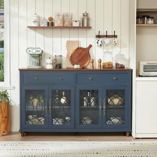 Miniatura 3 de Joaxswe Aparador de estilo rústico con almacenamiento, credenza grande de 59 pulgadas con 4 puertas de vidrio y 2 cajones, estantes ajustables, mesa