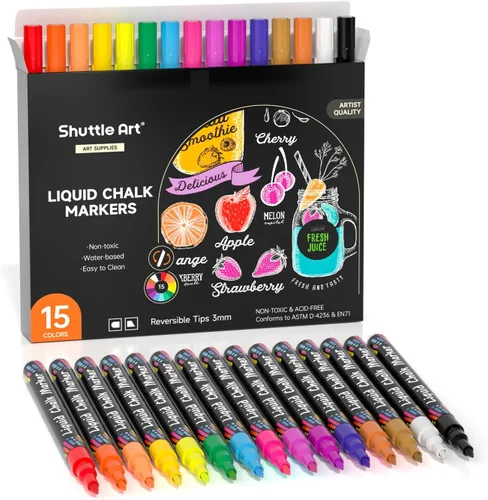 Shuttle Art Marcadores de tiza líquida, 15 colores vibrantes, rotuladores de tiza líquida para pizarras, ventanas, vidrio, autos, a base de agua,