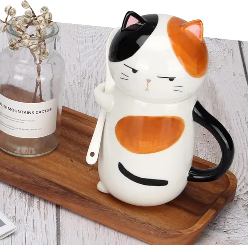 Miniatura 4 de Taza de café grande y bonita de cerámica con tapa y cuchara, divertida taza de gato para mujeres y damas, tazas de café Kawaii 3D únicas de gato