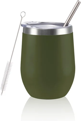Miniatura 20 de Vaso de vino aislado de 12 onzas con tapa y pajita, vaso de vino de acero inoxidable sin tallo de doble pared, vaso de vino al vacío a granel