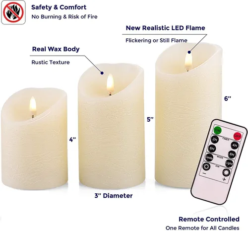 Miniatura 3 de VENTA Juego de 3 velas de pilar de marfil cálido Velas de cera real operadas por baterías con llama parpadeante Decoración atemporal para todo