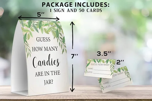 Miniatura 2 de Cuántos caramelos hay en el frasco, juegos de baby shower de vegetación, baby shower con temática de vegetación - un letrero y 50 tarjetas (GES07)