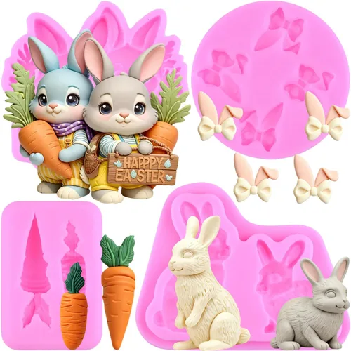 Miniatura 6 de Mujiang Molde para fondant de conejo, orejas de conejo de Pascua, moldes de silicona para decoración de pasteles, juego de 4