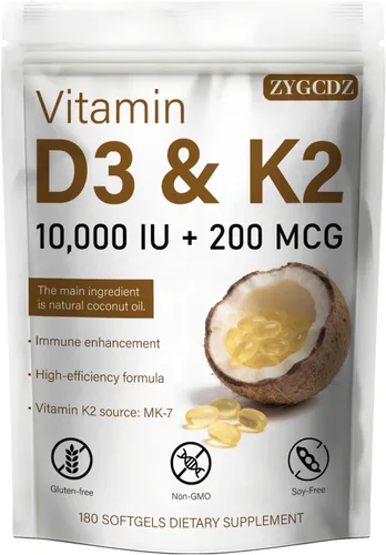 Miniatura 6 de Vitamina D3 10000 UI con cápsulas blandas K2 MK-7 de 200 mcg, 180 unidades Apoya la salud ósea, cardíaca e inmunológica Absorción mejorada