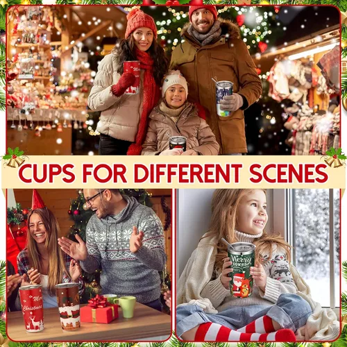 Miniatura 7 de 12 Piezas Vasos Navideños de Regalo 20oz Vaso de Viaje Navideño Taza Navideña de Acero Inoxidable Aislado Taza de Café con Tapa y Pajita para Regalo