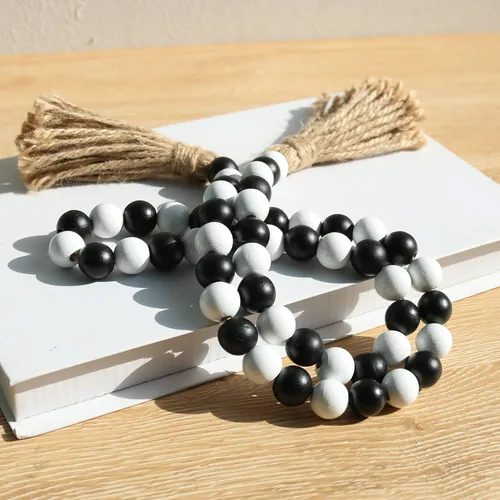 Miniatura 2 de Meplait - Guirnalda de cuentas de madera - 39 pulgadas de estilo rústico con borlas para decoración de bandejas escalonadas - Negro y blanco
