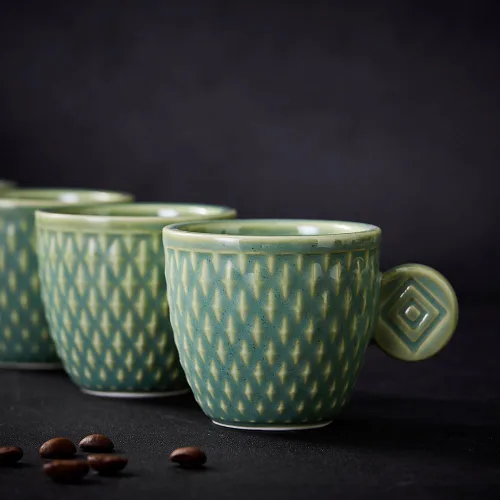 Miniatura 5 de Tazas de café expreso de cerámica vintage, tazas Demitasse de 3 onzas, tazas de café expreso pequeñas en relieve únicas (verde)