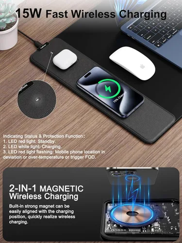 Miniatura 2 de TopMade Alfombrilla de mouse de carga inalámbrica, alfombrilla de mouse impermeable para juegos con superficie ultra suave, base antideslizante