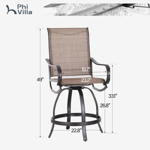 Miniatura 7 de PHI VILLA Juego de 2 taburetes de bar giratorios para exteriores, sillas de patio de altura de mostrador con tela textil impermeable, marrón, marco