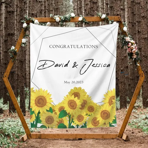 Miniatura 11 de Telón de fondo de boda personalizado, tapiz de felicitaciones de flores coloridas personalizado con nombres y fecha, pancarta de boda personalizada
