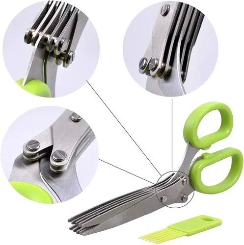 Miniatura 2 de Tijeras de cocina de acero inoxidable de 5 cuchillas, tijeras picadas de hierbas frescas y verduras de hoja verde, utensilios de cocina, cortador