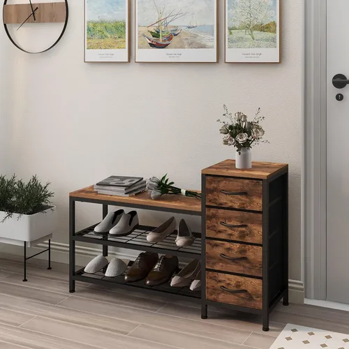 Miniatura 8 de EXOTICA Banco de entrada de 3 niveles con almacenamiento para zapatos, banco con 4 cajones de tela, marco metálico y tablero de madera, zapatero