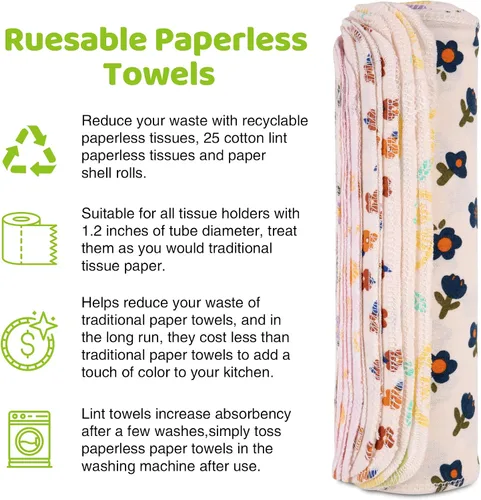 Miniatura 3 de Toallas de Papel Reutilizables Lavables en Rollo, 25 Paquetes de Toallas de Papel de Franela con Estampados de Algodón Lavables, 10 X 10 pulgadas