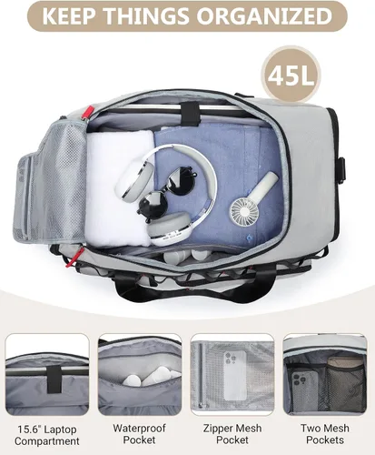 Miniatura 5 de MCBD Bolsas de gimnasio para hombres y mujeres, mochila deportiva de viaje de 45 litros con zapatos y compartimento para laptop, bolsa de transporte
