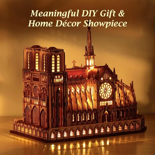 Miniatura 6 de FUNPOLA Rompecabezas 3D de Madera LED - Modelo de Arquitectura de Notre Dame de París Edición Nocturna con Iluminación LED - Kit de Artesanía