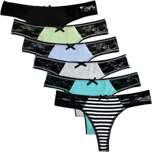 Miniatura 2 de ADOVAKKER Tanga sexy de algodón para mujer con encaje en T en la espalda, paquete de 6, multicolor
