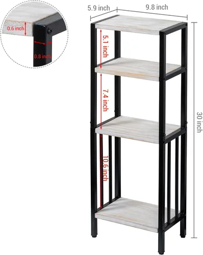 Miniatura 2 de MyGift Estante de pie de 4 niveles de madera maciza lavada de color blanco desgastado y metal negro mate, estante decorativo rectangular