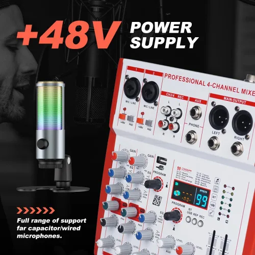 Miniatura 5 de MW-4 Profesional 4-Canal USB Mezclador de Audio Bluetooth 5.0 99 Sonido Portátil para DJ/En Vivo/Grabación/Canción K