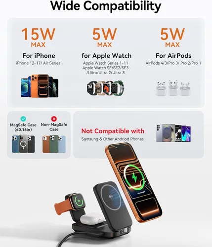 Miniatura 5 de INIU Estación de carga inalámbrica 3 en 1, cargador de viaje certificado Qi2 de 15W para múltiples dispositivos Apple, soporte de cargador Negro