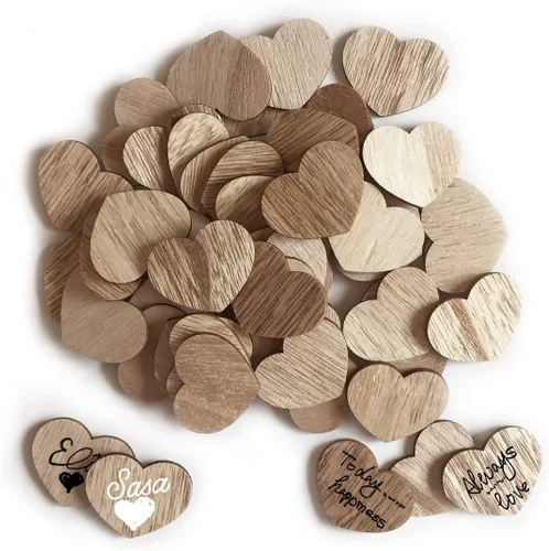 Y&K Homish Libro de invitados de madera con corazones de madera, letrero de madera en blanco, para fiestas, paquete de 50 unidades (marrón)