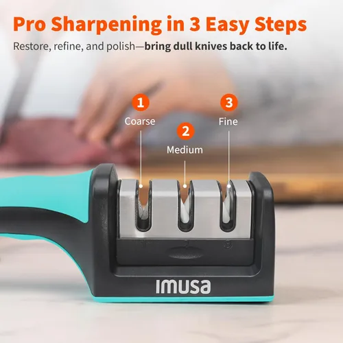 Miniatura 4 de IMUSA - Afilador de cuchillos de cocina con diseño de afilador de cuchillas de acero inoxidable de 3 etapas, fácil de usar, kit ergonómico de Verde