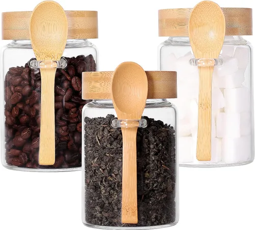 Tarro de vidrio con tapa de rosca y cuchara, paquete de 3 recipientes de té de 16 onzas para té de hojas sueltas, recipientes de sal y azúcar para