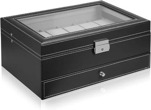 Miniatura 2 de Hossejoy Caja de reloj de cuero con 12 organizadores de relojes para hombre con cajón de exhibición de joyas organizador de caja de reloj