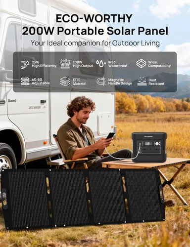 Miniatura 10 de ECO-WORTHY Panel solar portátil de 200 W para centrales eléctricas, IP65 impermeable y ligero con soporte ajustable, panel solar plegable de alta