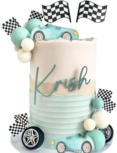 Decoración vintage para tartas de coches de carreras con bandera a cuadros para cumpleaños