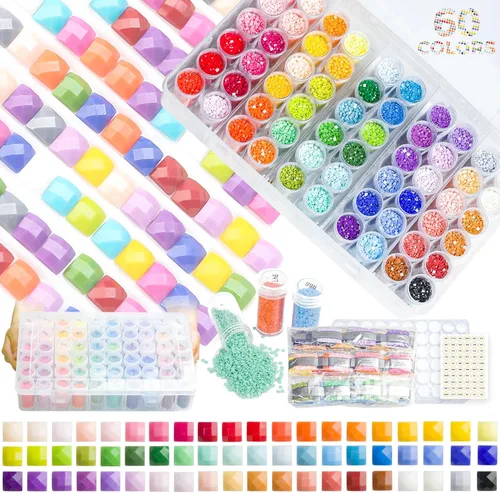 Cuentas de Diamante Cuadradas de Resina 90000 piezas Con Contenedores de Almacenamiento para Kits de Pintura, 60 Colores de Brocas y Herramientas de