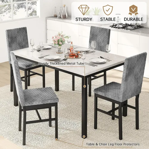 Miniatura 5 de Hooseng Juego de mesa de comedor para 4 mesas de comedor de 5 piezas de mármol sintético con 4 modernas sillas tapizadas de terciopelo para espacios