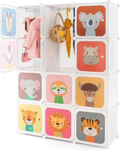 Miniatura 10 de HONEY JOY Armario para niños, organizador de almacenamiento de ropa de dibujos animados para bebés, 8 cubos y 2 secciones para colgar, armario Azul