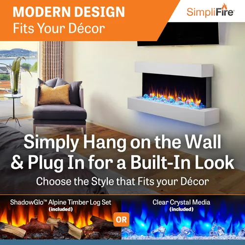 Miniatura 2 de SimpliFire Format Chimenea eléctrica de montaje en pared de 36 pulgadas con repisa flotante de 43 pulgadas (SF-FORMAT36-SF-FM43-WH)