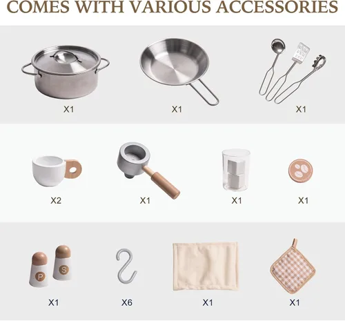 Miniatura 8 de ROBUD Juego de cocina de madera para niños, cocina de juguete de simulación con máquina de hielo, máquina de café, horno, microondas, gabinete